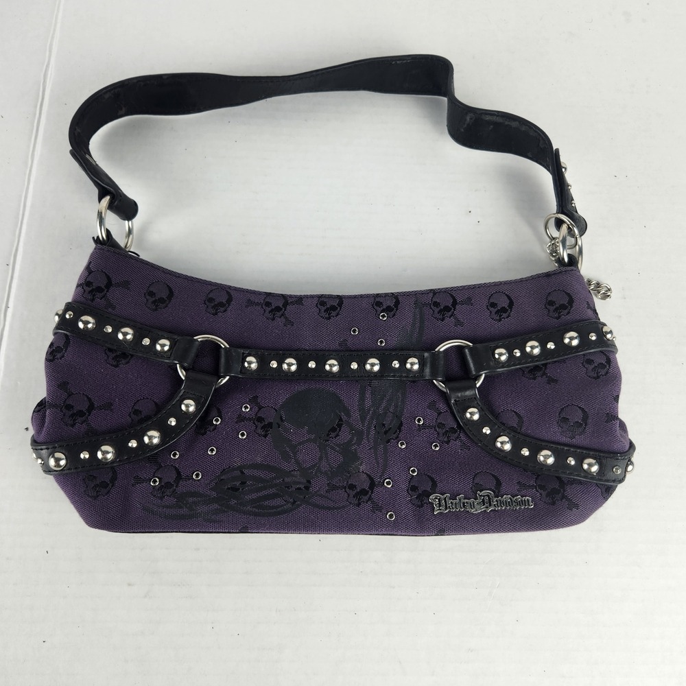 Harley-Davidson Purple Skull Canvas Studded Shoulder Bag Biker Y2K Handbag